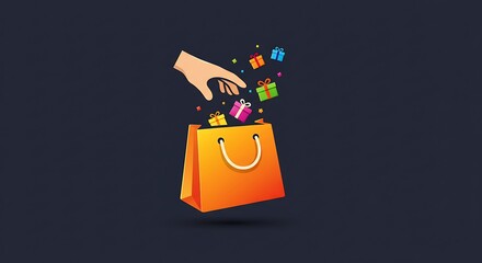 Holiday Shopping Concept: Hand Adding Colorful Gifts to a Bag

