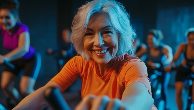 A happy woman with short, light hair is at the front of a spin class, other participants are visible in the background.