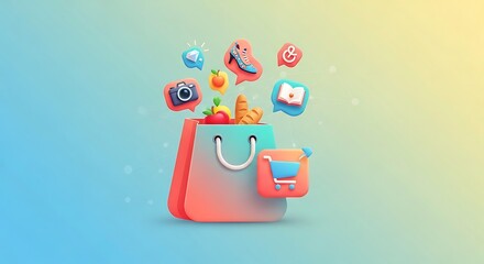 Colorful shopping bag overflowing with various cartoonish toys and treats