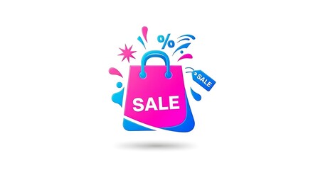 Bright pink shopping bag with sale tag and discount symbols