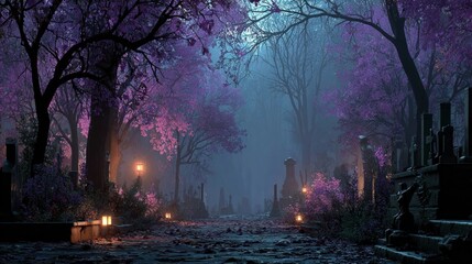 Purple spooky cemetery Halloween background banner