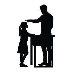Father points at daughter near desk pointing learning