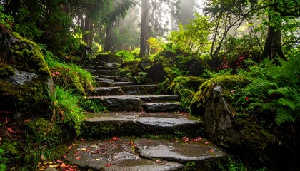 Fototapeta premium Misty forest path with stone steps