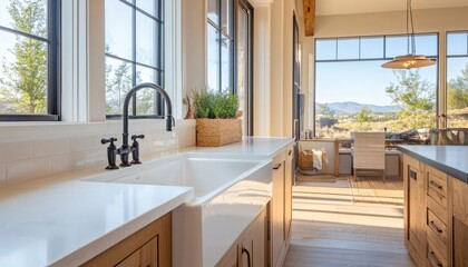 Fototapeta premium The kitchen features a white farmhouse sink, black gooseneck faucet, white quartz countertops, and light oak cabinets, overlooking a sunny patio and distant mountains.