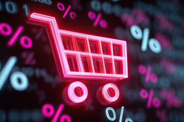 Abstract neon shopping cart illustration surrounded by digital percentages, representing online shopping and e-commerce trends in a vibrant, modern design