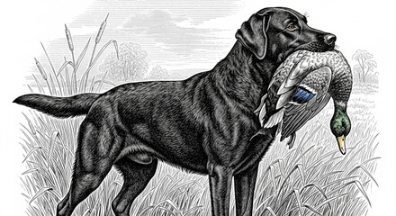 Vintage Hunting Dog with Duck in Mouth - Black Labrador Retriever Engraving Style Vector Illustration