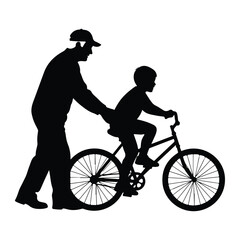 Father teaching son to ride bicycle silhouette
