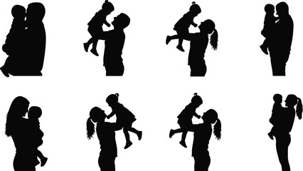 Mother holding child silhouette, loving embrace, parent and kid, family bond, motherhood, parenting, cute baby, affection, care, happy moments, vectorillustration, black and white, emotionalconnection