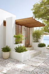 modern shower designed with natural wood and stone elements perfectly matching outdoor spa area