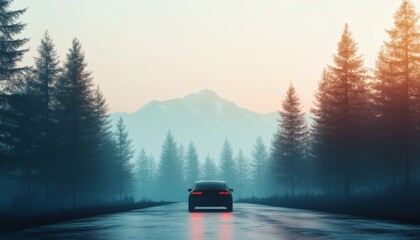 A black car drives on a wet road through a dense forest, with tall pine trees lining the way and snow-capped mountains in the background.