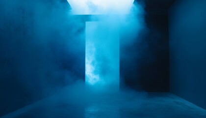 An illustration shows a dark room with blue lighting and fog, a doorway is visible in the center of the image.