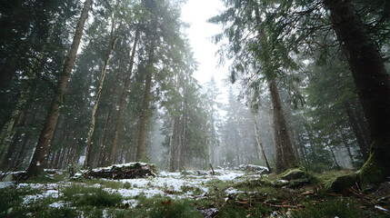 Misty forest path with tall evergreen trees and snow on the ground