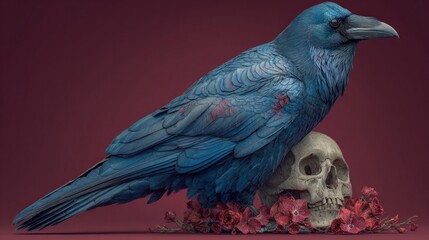 Naklejka premium Raven Standing on Skull Vector Illustration
