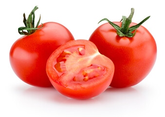 Ripe juicy red tomatoes with one cut in half isolated on white background