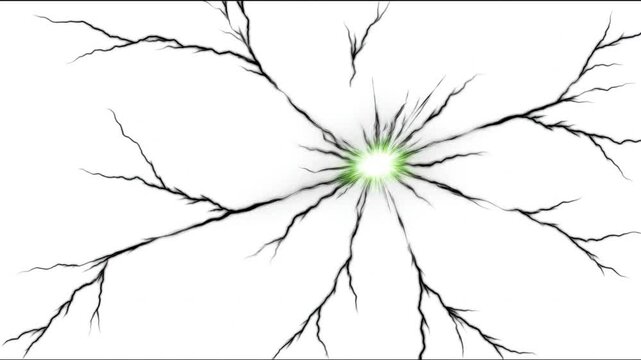 Abstract graphic depicting a burst of energy with crack-like lines emanating outwards. Green glow