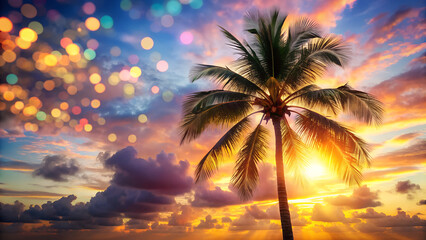 A vibrant sunset with a silhouette of a palm tree and bokeh lights, creating a tropical paradise atmosphere with warm colors and a sense of tranquility