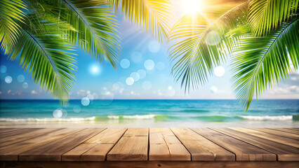 Tropical paradise with wooden deck overlooking turquoise ocean and palm trees swaying in the breeze under a bright, sunny sky, creating a serene summer scene