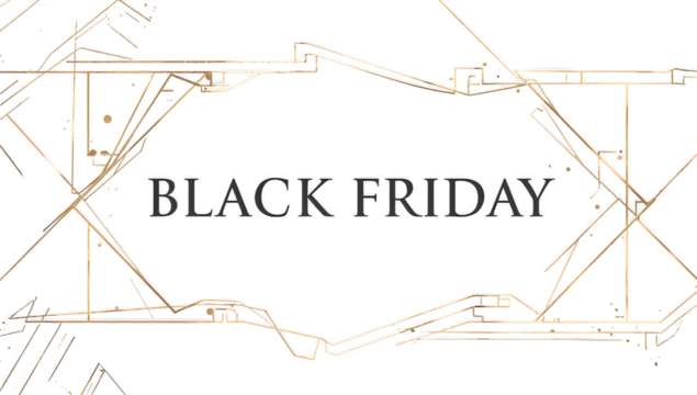 Black friday text with gold geometric frame on a black background for sales and promotion events