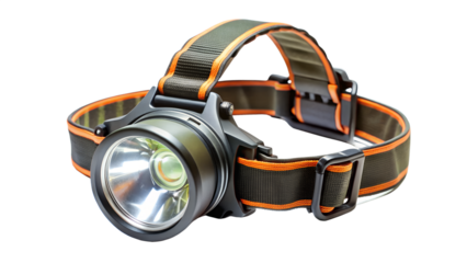 Headlamp isolated on transparent background, a versatile lighting tool for outdoor adventures, providing handsfree illumination in various environments