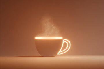 Obraz premium Steaming coffee cup with neon outline and warm glow
