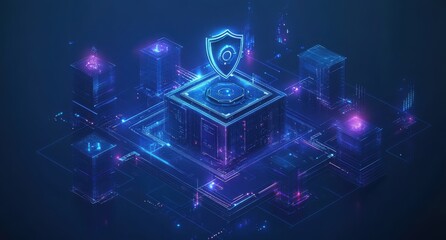 Digital data security concept with isometric microchip and shield on blue background