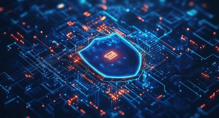 Futuristic digital security concept with blue isometric circuit overlay and shield lock icon