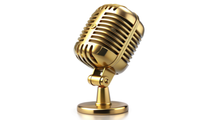 Golden vintage microphone isolated on transparent background, a symbol of classic broadcasting and timeless audio recording technology for professional use