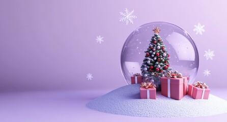 3D render of Christmas tree in snow globe with gift boxes on purple background capturing magical holiday feel