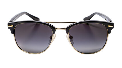 Trendy sunglasses with black and gold frame, featuring gradient lenses and a stylish design, isolated on transparent background a fashionable eyewear choice