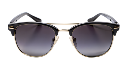 Trendy sunglasses with black and gold frame, featuring gradient lenses and a stylish design, isolated on transparent background a fashionable eyewear choice