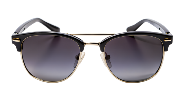 Trendy sunglasses with black and gold frame, featuring gradient lenses and a stylish design, isolated on transparent background a fashionable eyewear choice