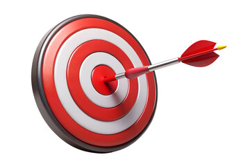 Arrow hitting the center of a red and white target isolated on transparent background, representing precision, success, and focused achievement