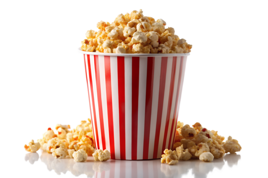 Delicious popcorn in a red and white striped bucket isolated on transparent background, perfect for movie nights, parties, and snack time