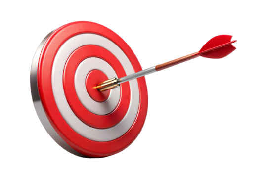 Arrow hitting the center of a red and white target isolated on transparent background, symbolizing success, accuracy, and achieving goals