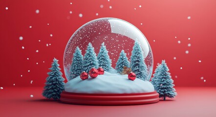 3D snow globe with blue evergreen trees and red baubles against a festive red background for a vibrant and magical winter theme