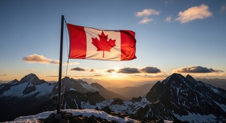 Canadian flag waving on a mountain peak at sunrise.