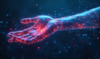 Close-up of a futuristic digital arm with a glowing network in a vibrant blue and red color scheme