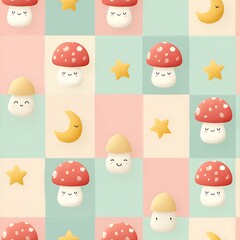Fototapeta premium Seamless pastel kids pattern with cute mushrooms and smiling stars on checkered background
