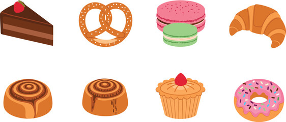 Cartoon Bakery and Dessert Illustration Set Featuring Cake, Pretzel, Macaron, Croissant, Cinnamon Roll, Tart, Donut, Cupcake, Bread