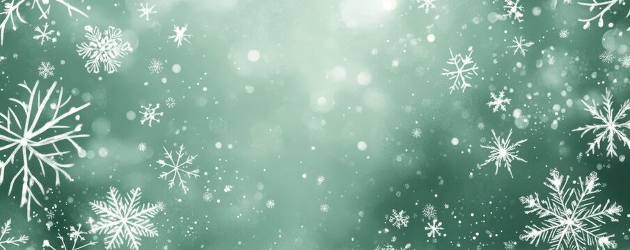Minimalistic winter snowflake pattern on a soft green background with delicate white snowflakes and scattered dots