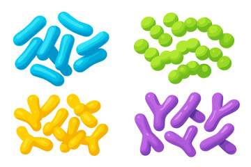 Probiotic bacteria 3D render set. Gut microbiota concept with healthy prebiotic bacillus, lactobacillus, streptococcus, bifidobacteria. Digestive system microorganisms vector.
