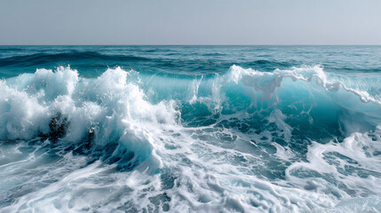Naklejka premium Blue ocean wave cresting on a sandy beach. Powerful sea water movement. Tropical summer vacation and nature concept for background.