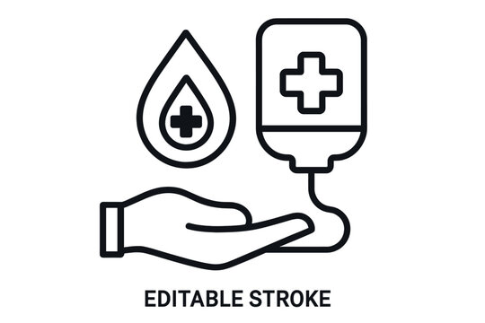 Blood donation icon. Medical care and support. Health service concept. Humanitarian aid. Hand holding blood drop and IV transfusion bag. Charity and life saving. Line art vector.