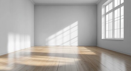 Obraz premium Sunlit empty room with light wood flooring and white walls creating an airy and spacious atmosphere