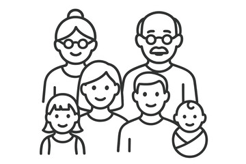 Extended family line icon with parents, children, and grandparents. Multi-generational group concept. Vector for generational diversity, family bonds, lineage, and togetherness.