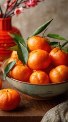 Bowl of glossy mandarins with vibrant green leaves arranged beautifully on a wooden table, surrounded by decorative elements, creating a warm and inviting atmosphere