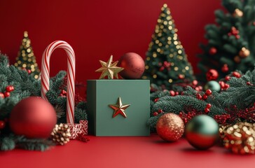 Festive green and red Christmas scene with decorated Christmas trees, gifts, candy canes, ornaments, and golden stars on a vibrant red backdrop