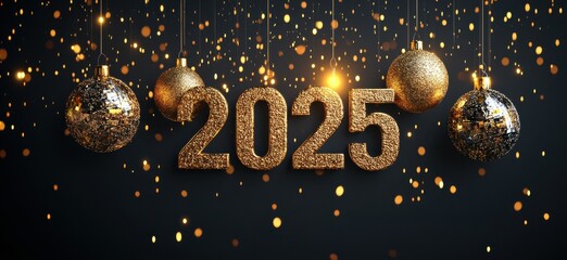 Golden 2025 text with hanging ornaments and sparkling New Year decorations for festive celebrations
