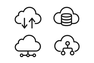 Cloud computing line icon set for data and network solutions. Symbols for transfer, storage, database, and server hosting. Minimal vector illustration for technology concepts.