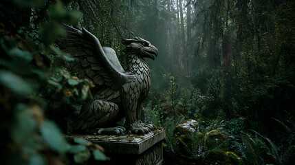 Mystical griffin statue stands guard in a dark, enchanted forest setting